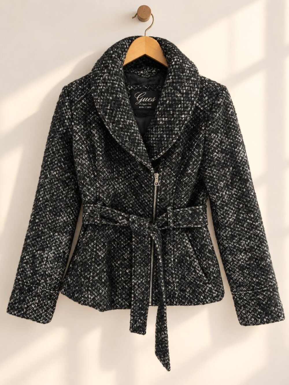 Guess, Women’s Y2K Wool Blend Tweed Belted Jacket, Black & White, Size M